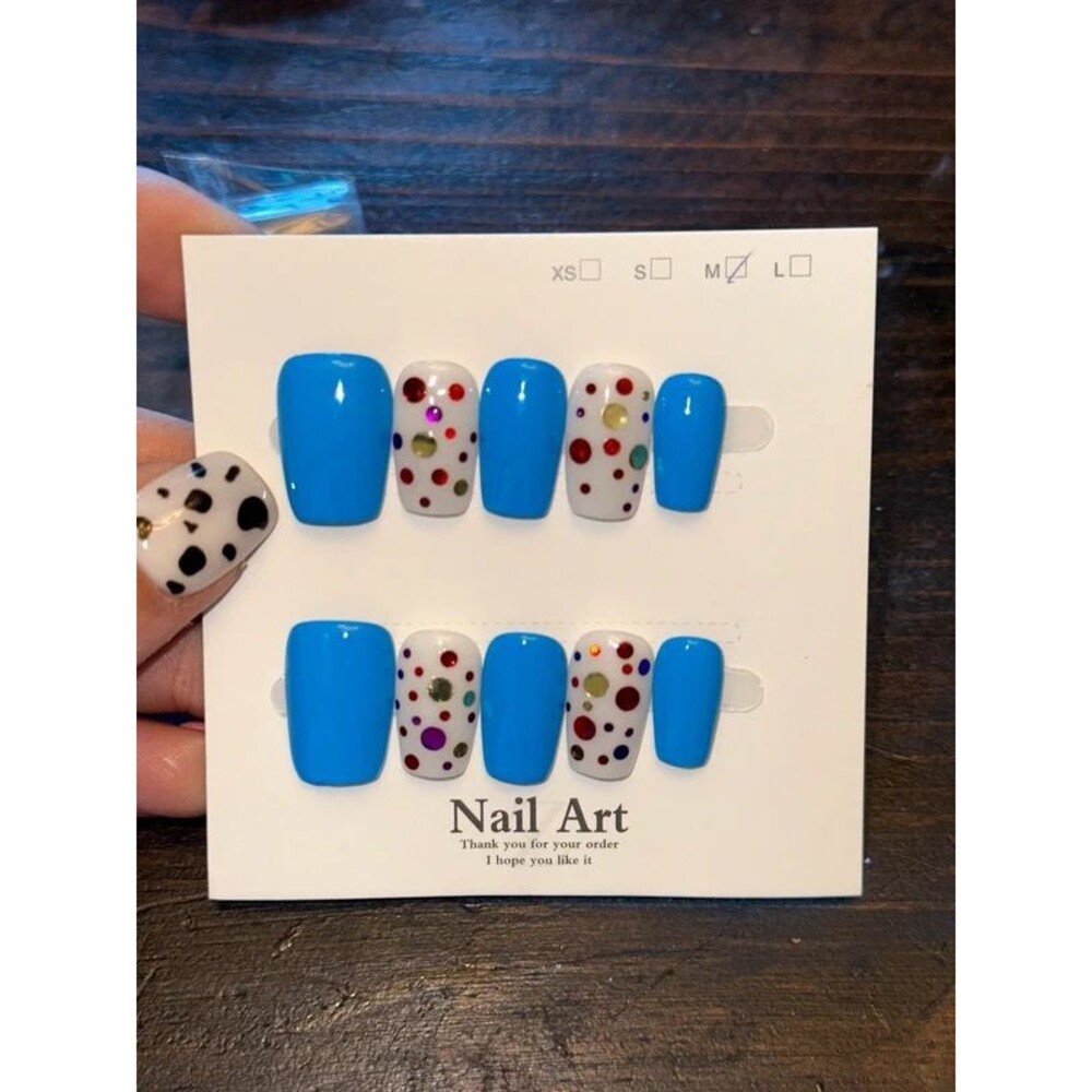 Blue & White Glitter Square Press On Nails Size Medium